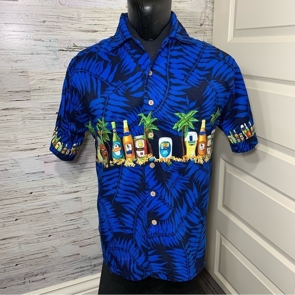 Maui Hawaii Vintage Blue Black Tropical Casual Button Up Shirt Drinks Prints S - Picture 11 of 11